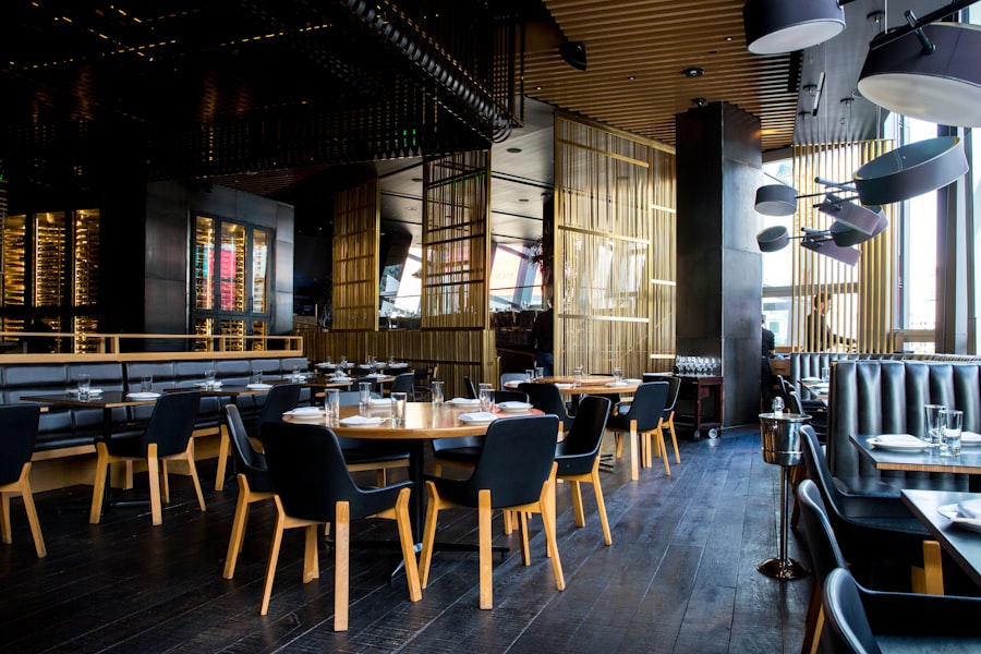 Restaurant dining room with tables and warm lighting